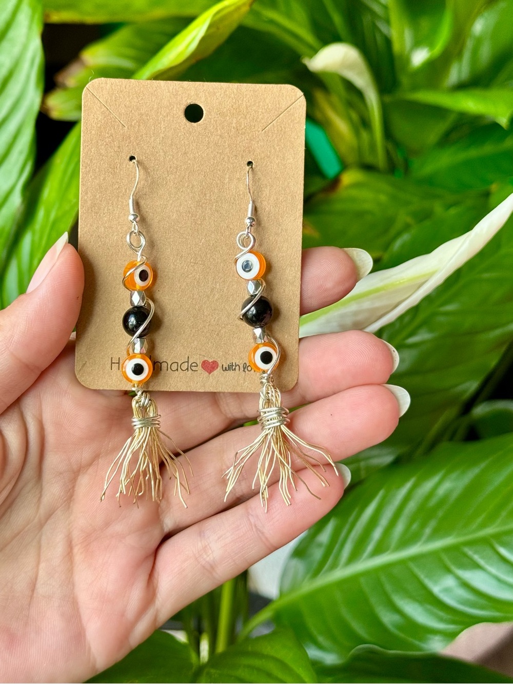 Handmade OBSEDIAN + EVIL EYE Witch’s Broom Halloween 🎃 Earrings
